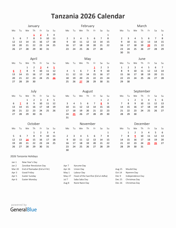 2026 Yearly Calendar Printable With Tanzania Holidays