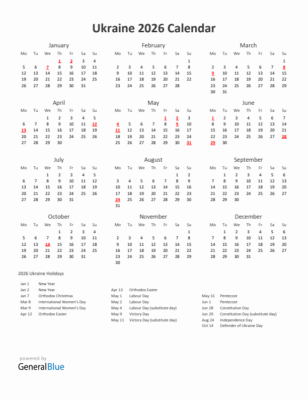 2026 Yearly Calendar Printable With Ukraine Holidays
