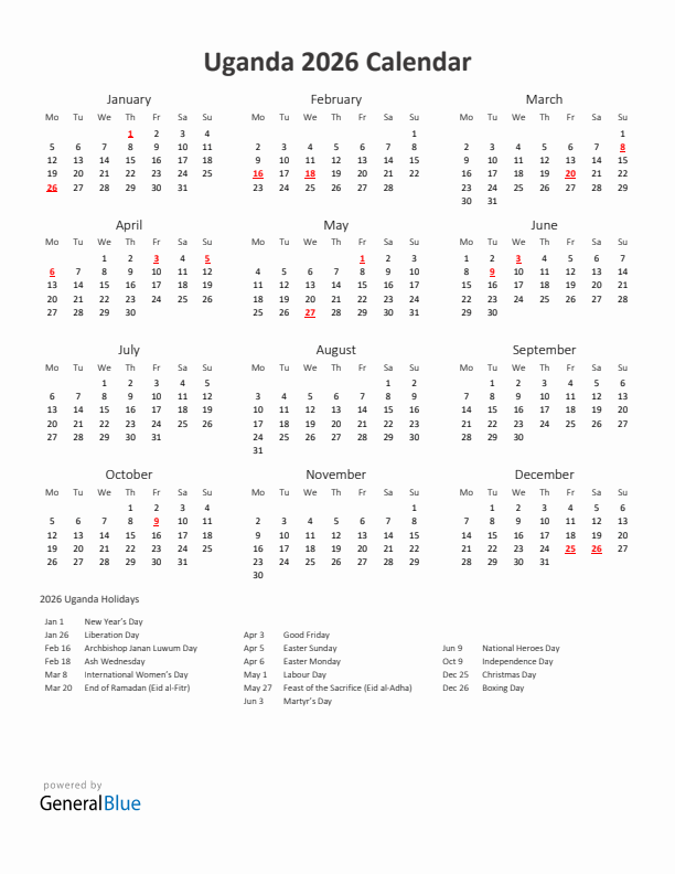 2026 Yearly Calendar Printable With Uganda Holidays