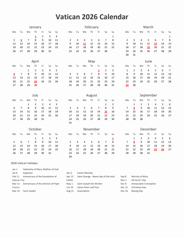 2026 Yearly Calendar Printable With Vatican Holidays