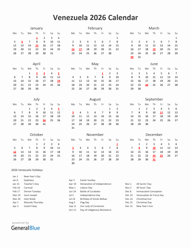 2026 Yearly Calendar Printable With Venezuela Holidays