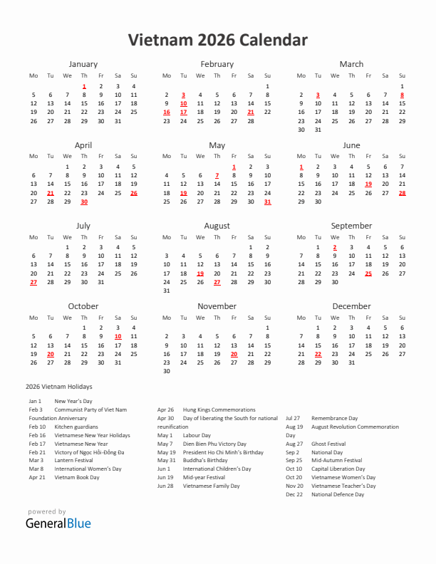 2026 Yearly Calendar Printable With Vietnam Holidays