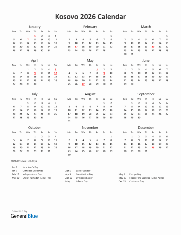 2026 Yearly Calendar Printable With Kosovo Holidays