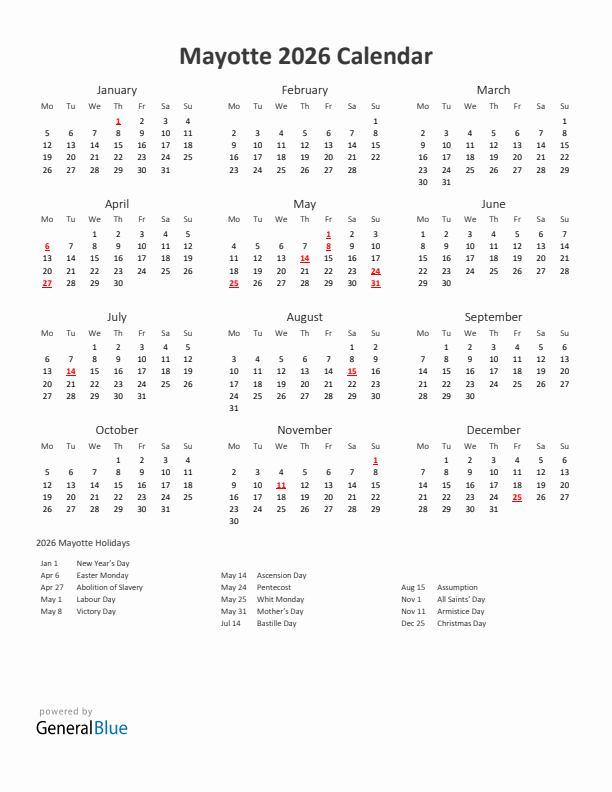 2026 Yearly Calendar Printable With Mayotte Holidays
