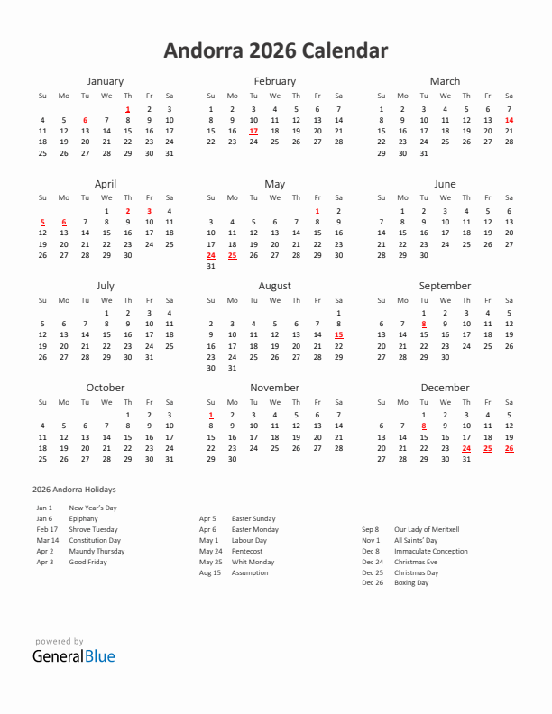 2026 Yearly Calendar Printable With Andorra Holidays