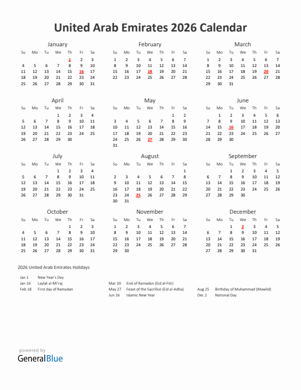 2026 Yearly Calendar Printable With United Arab Emirates Holidays