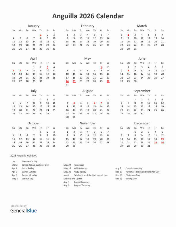 2026 Yearly Calendar Printable With Anguilla Holidays