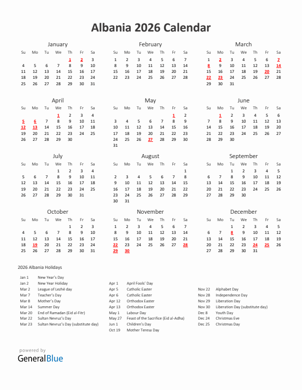 2026 Yearly Calendar Printable With Albania Holidays