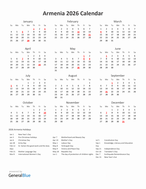 2026 Yearly Calendar Printable With Armenia Holidays