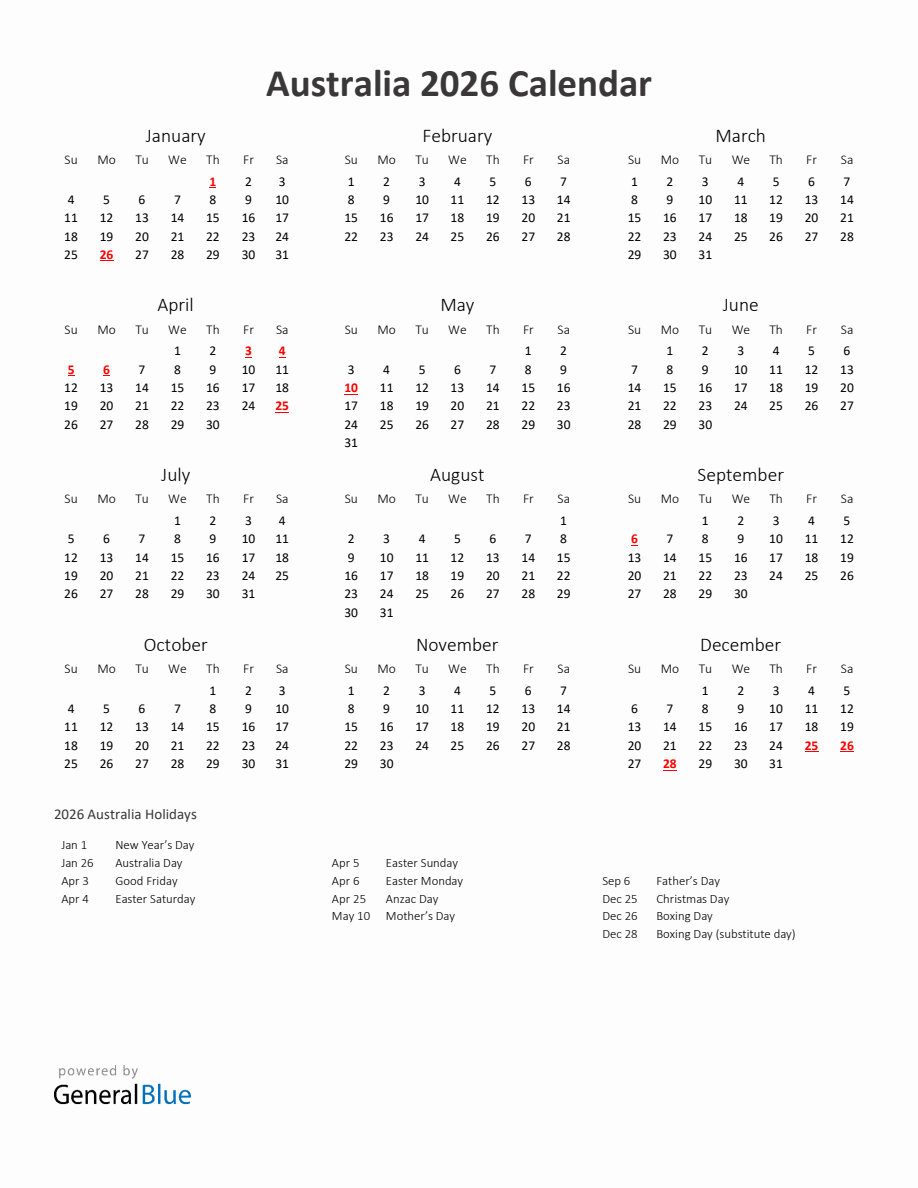 2026 Yearly Calendar Printable With Australia Holidays