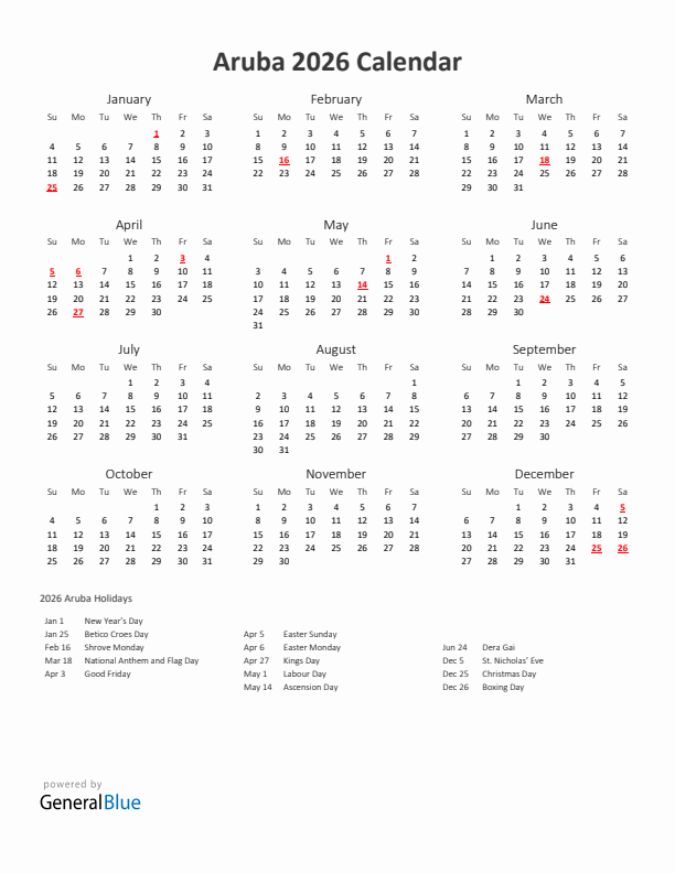 2026 Yearly Calendar Printable With Aruba Holidays