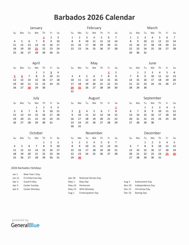 2026 Yearly Calendar Printable With Barbados Holidays