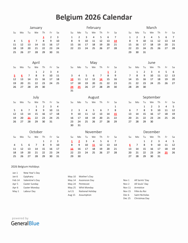2026 Yearly Calendar Printable With Belgium Holidays