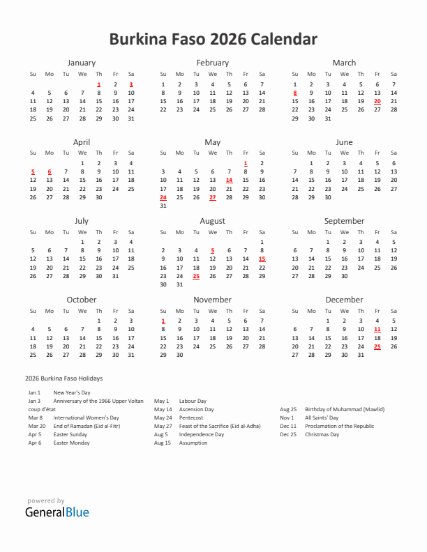 2026 Yearly Calendar Printable With Burkina Faso Holidays