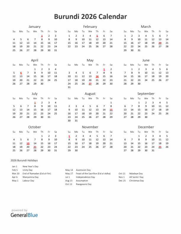 2026 Yearly Calendar Printable With Burundi Holidays