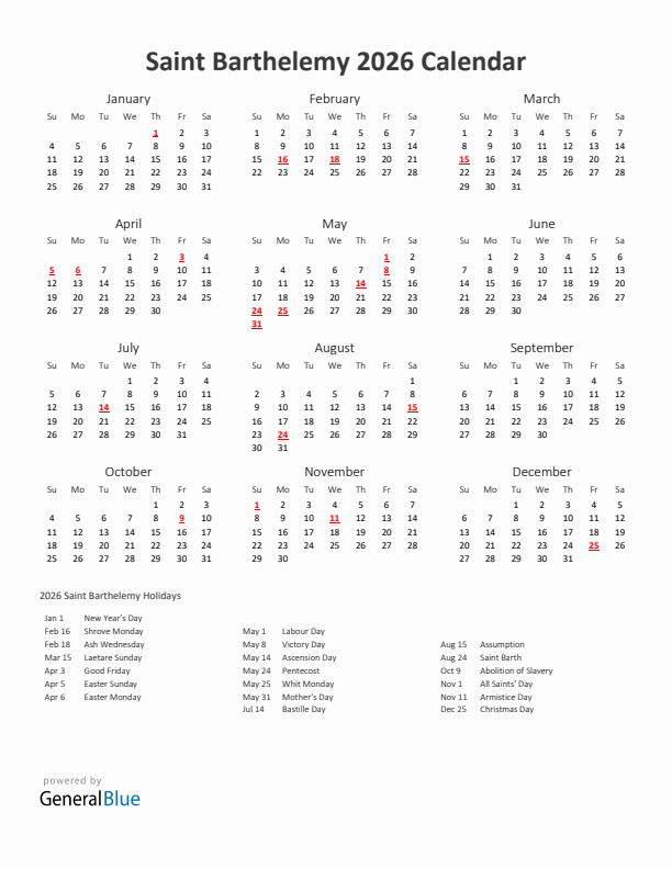 2026 Yearly Calendar Printable With Saint Barthelemy Holidays