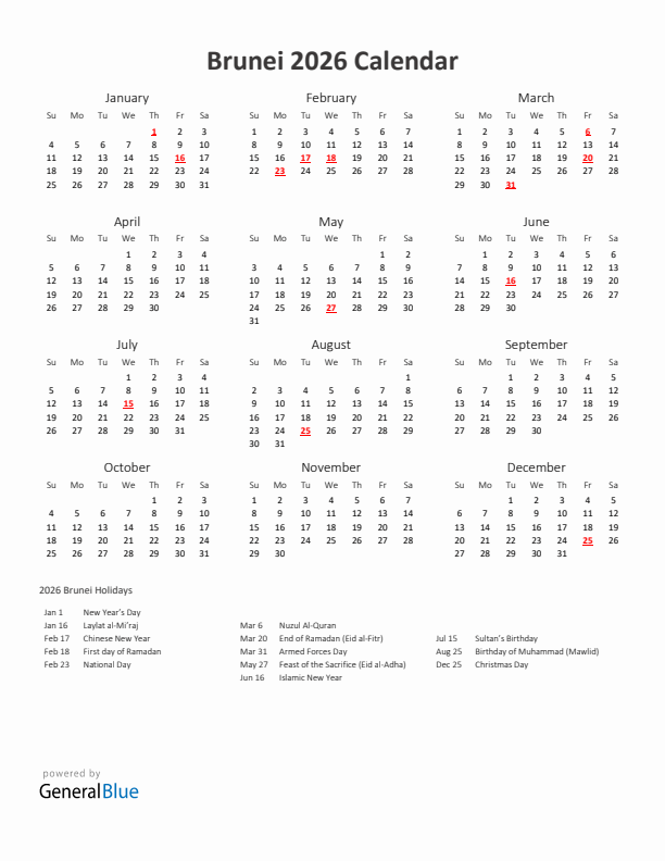 2026 Yearly Calendar Printable With Brunei Holidays