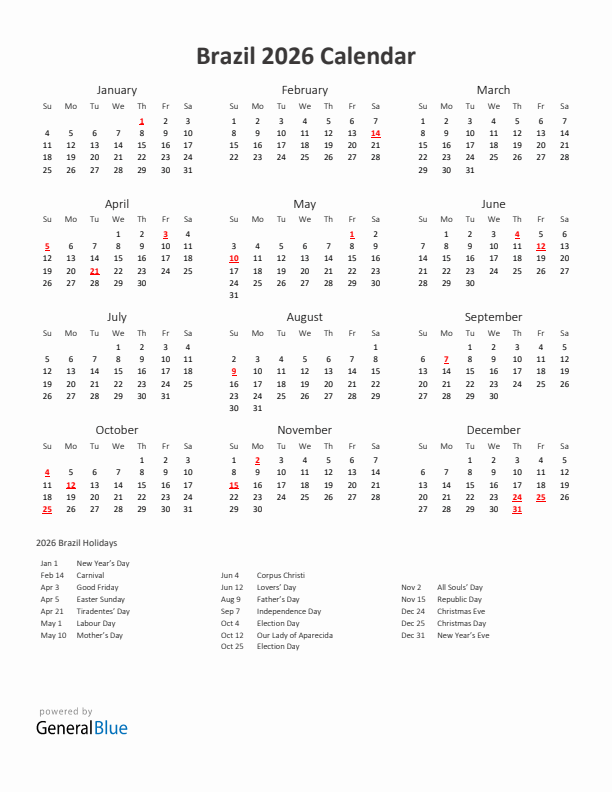 2026 Yearly Calendar Printable With Brazil Holidays