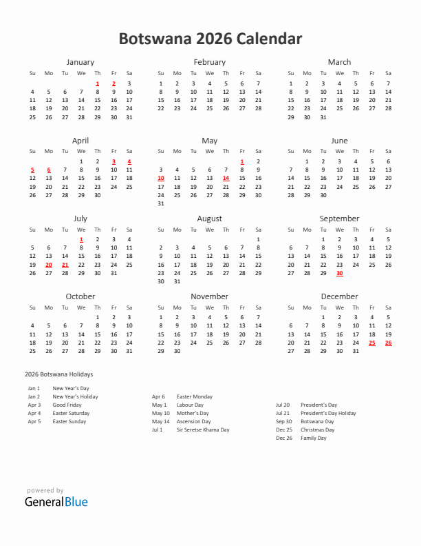 2026 Yearly Calendar Printable With Botswana Holidays