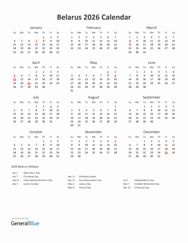 2026 Yearly Calendar Printable With Belarus Holidays