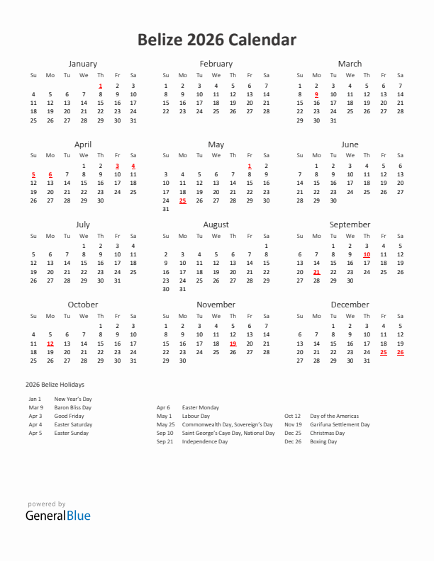 2026 Yearly Calendar Printable With Belize Holidays