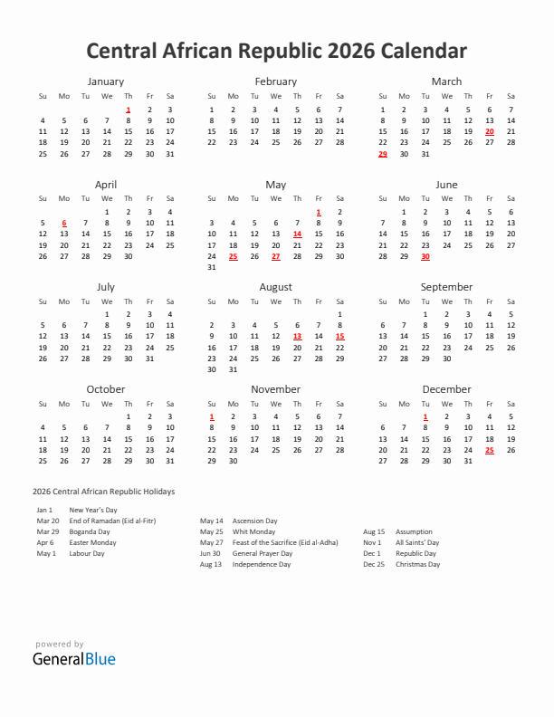 2026 Yearly Calendar Printable With Central African Republic Holidays