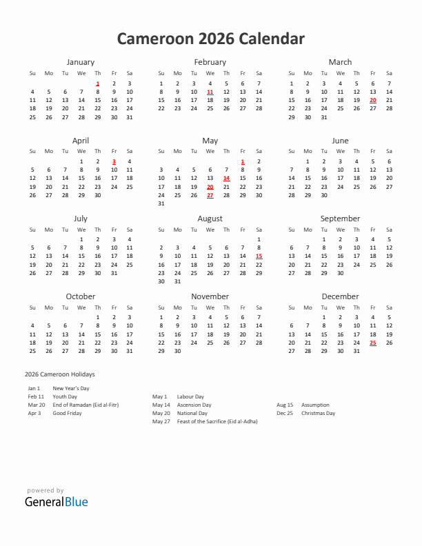 2026 Yearly Calendar Printable With Cameroon Holidays