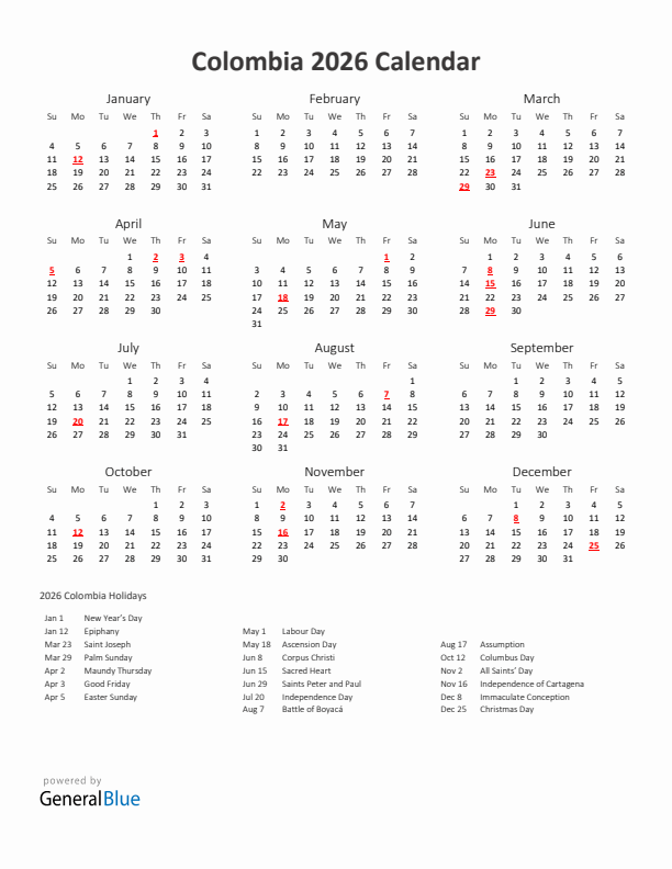 2026 Yearly Calendar Printable With Colombia Holidays