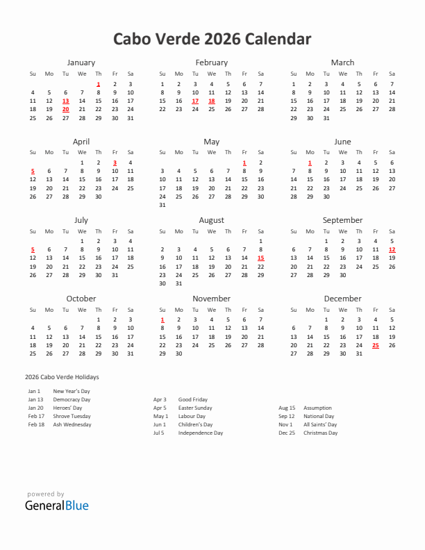 2026 Yearly Calendar Printable With Cabo Verde Holidays