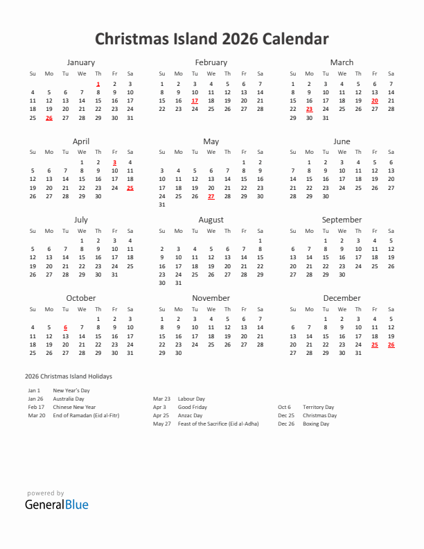 2026 Yearly Calendar Printable With Christmas Island Holidays