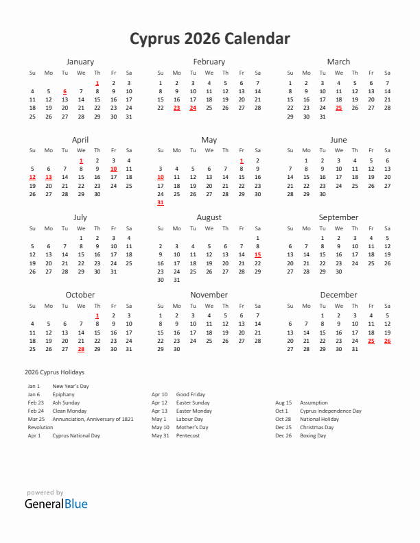 2026 Yearly Calendar Printable With Cyprus Holidays