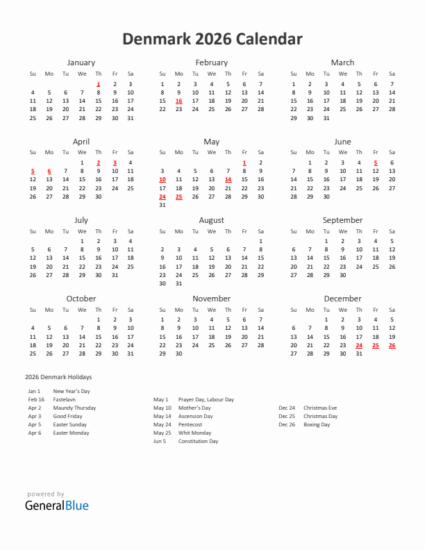 2026 Yearly Calendar Printable With Denmark Holidays