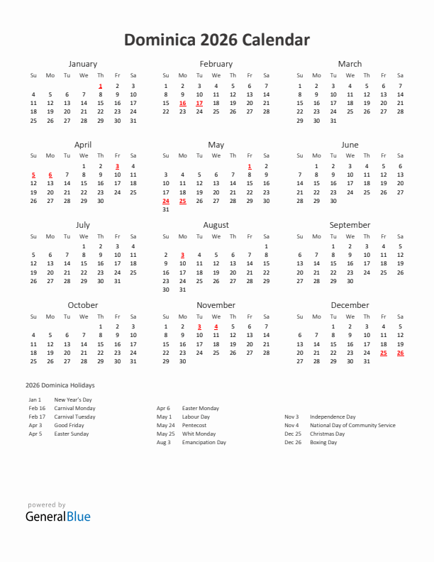 2026 Yearly Calendar Printable With Dominica Holidays