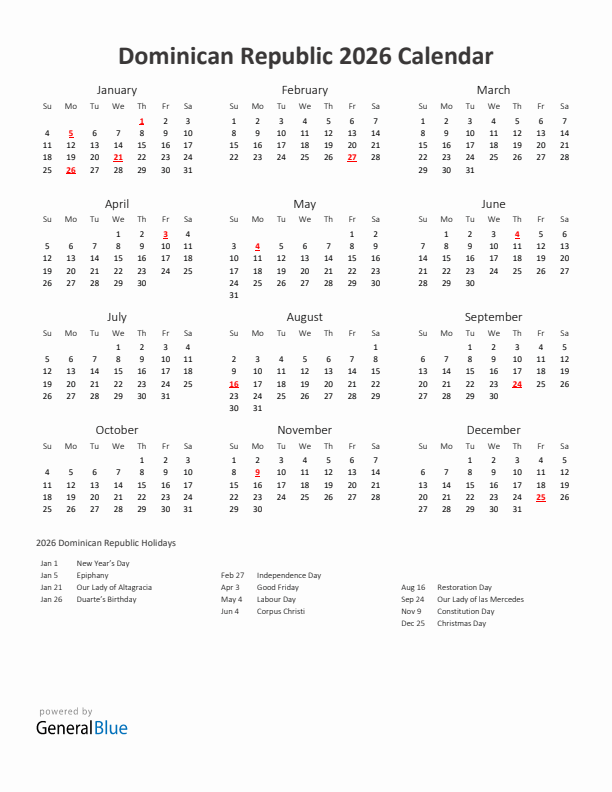 2026 Yearly Calendar Printable With Dominican Republic Holidays