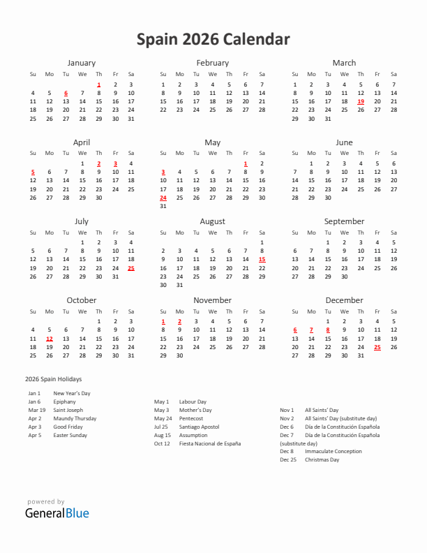 2026 Yearly Calendar Printable With Spain Holidays
