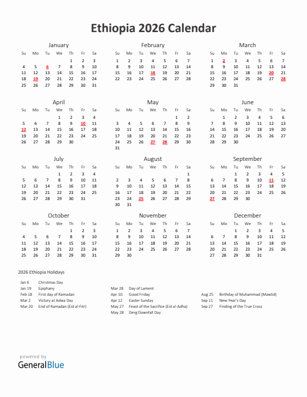 2026 Yearly Calendar Printable With Ethiopia Holidays