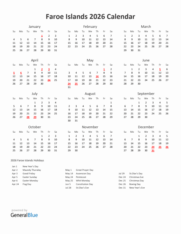 2026 Yearly Calendar Printable With Faroe Islands Holidays