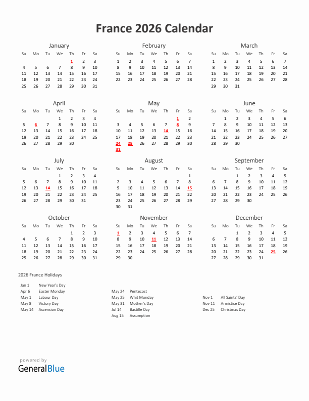 2026 Yearly Calendar Printable With France Holidays
