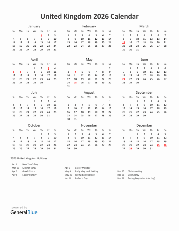 2026 Yearly Calendar Printable With United Kingdom Holidays
