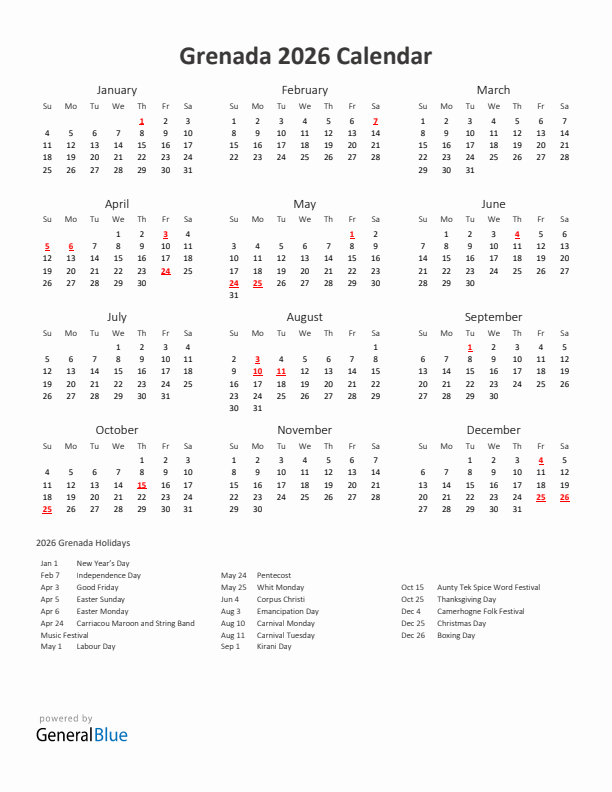 2026 Yearly Calendar Printable With Grenada Holidays