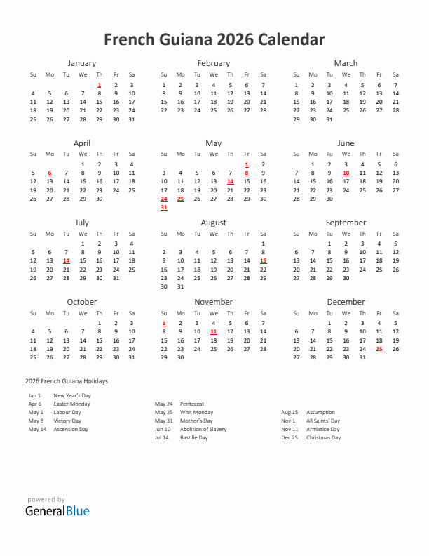 2026 Yearly Calendar Printable With French Guiana Holidays
