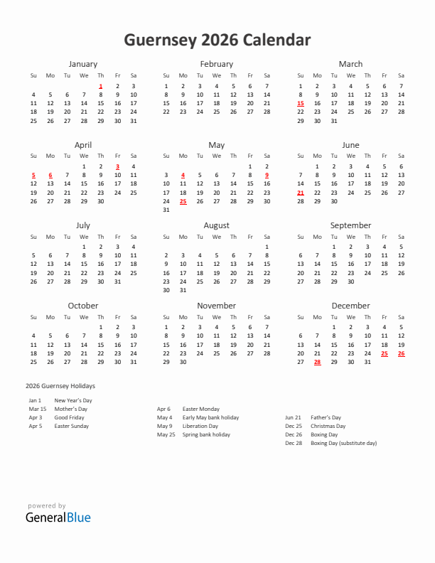 2026 Yearly Calendar Printable With Guernsey Holidays