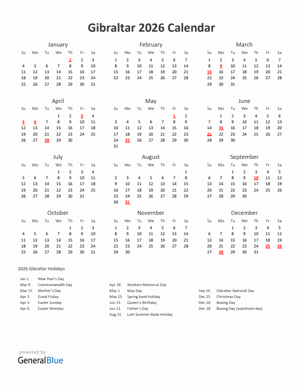 2026 Yearly Calendar Printable With Gibraltar Holidays