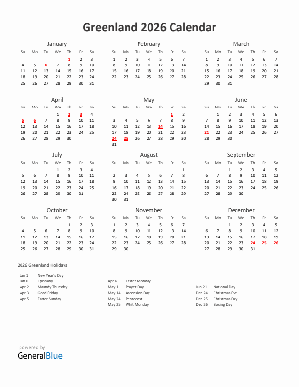 2026 Yearly Calendar Printable With Greenland Holidays