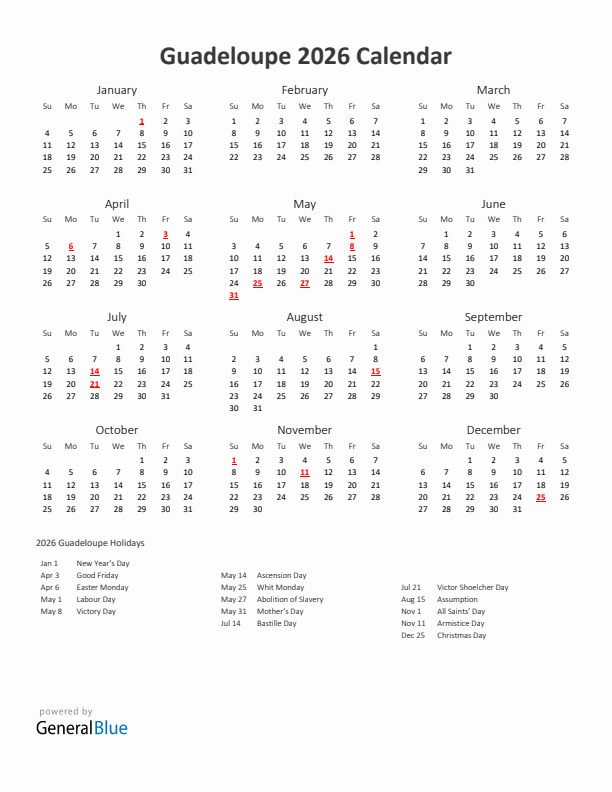 2026 Yearly Calendar Printable With Guadeloupe Holidays