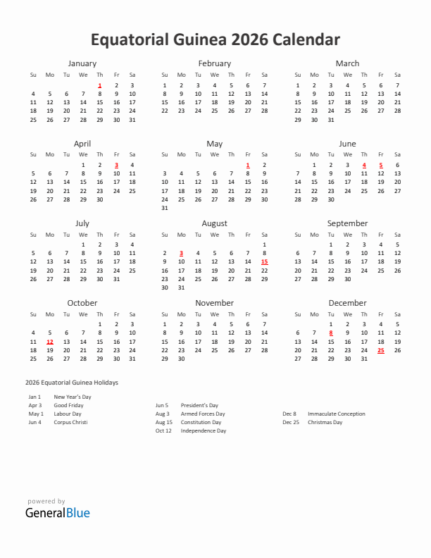 2026 Yearly Calendar Printable With Equatorial Guinea Holidays