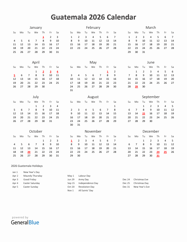 2026 Yearly Calendar Printable With Guatemala Holidays