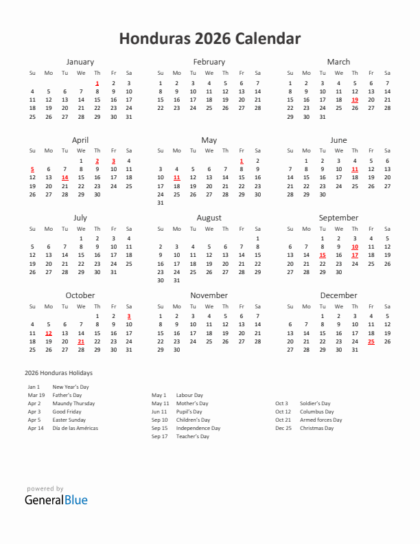 2026 Yearly Calendar Printable With Honduras Holidays