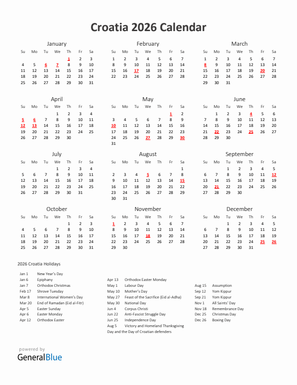 2026 Yearly Calendar Printable With Croatia Holidays