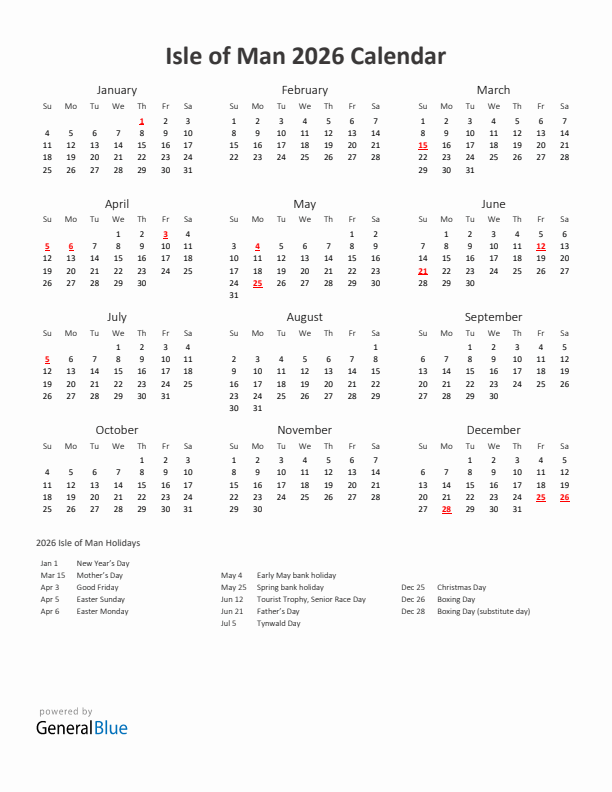2026 Yearly Calendar Printable With Isle of Man Holidays